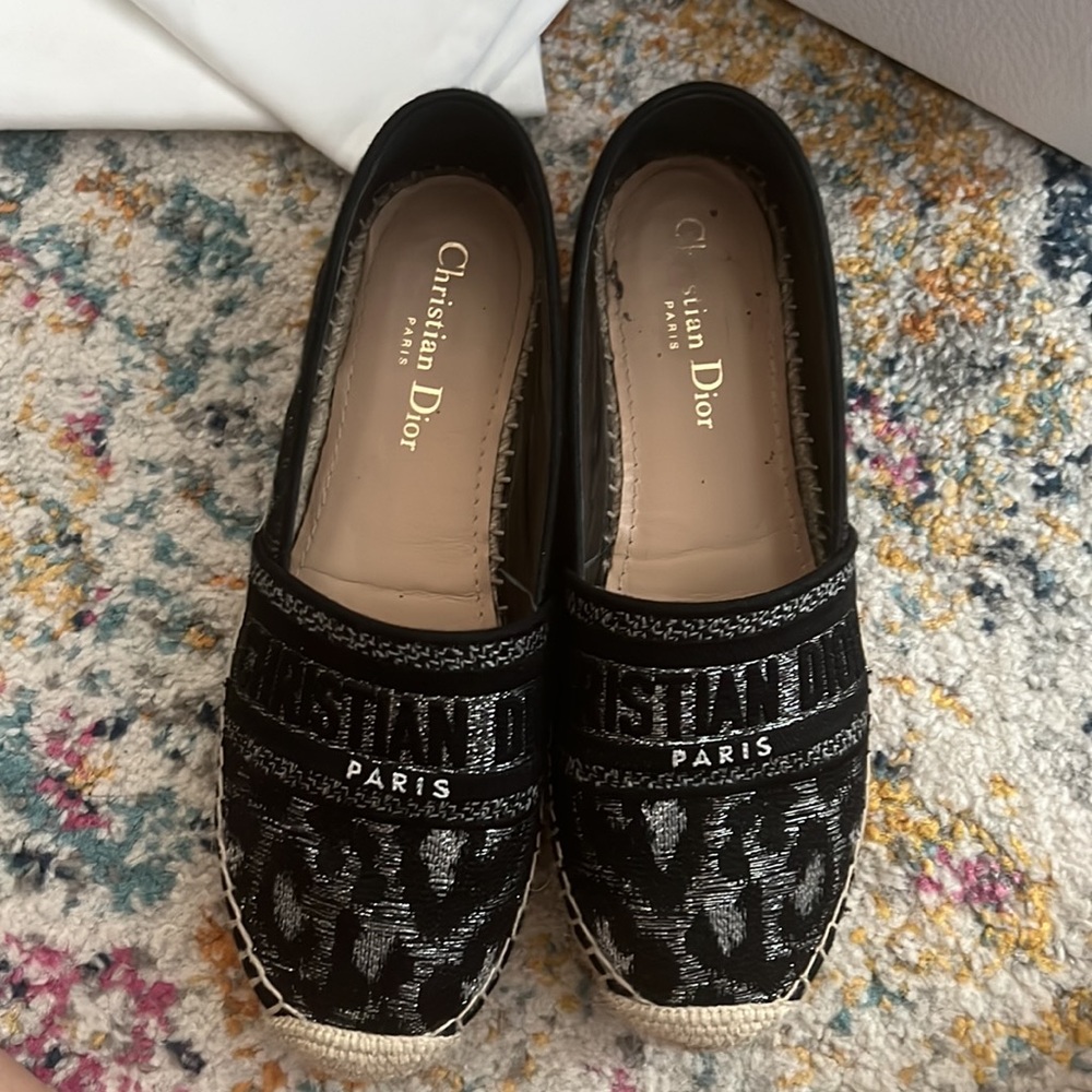 Dior Black Granville Mizza Lurex Embroidered Metal Grey Espadrille 37.5 Flats - Picture 2 of 9